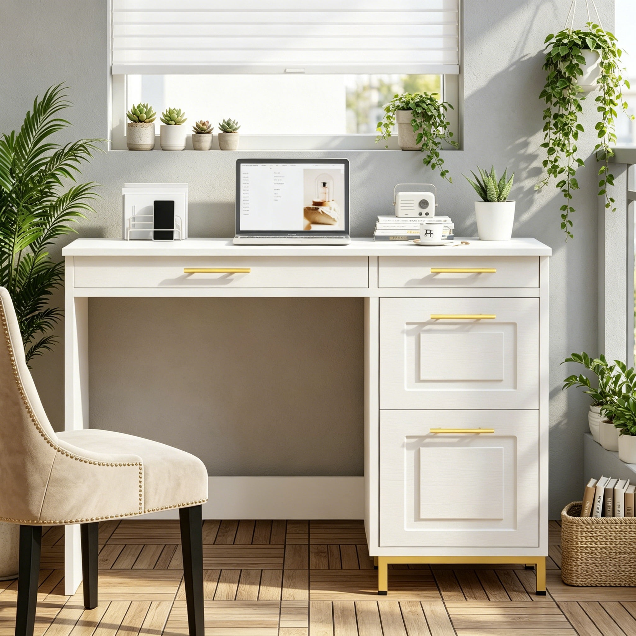 DreamCurship White Desk with 7 Drawers, 57 Inch Executive Desk