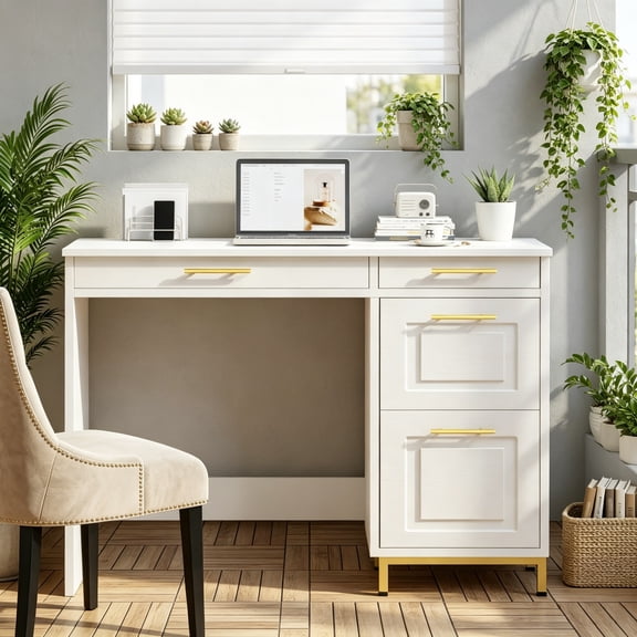 DreamCurship White and Gold Desk with Drawers, Office Desk with Storage, 43" Small White Desk for Small Space, White & Gold