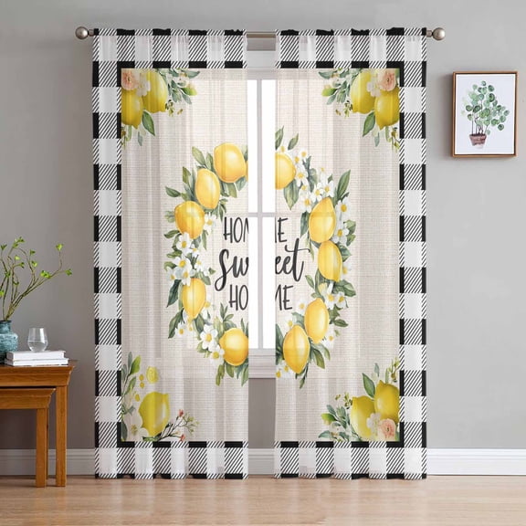 Summer Lemon Sheer Curtains 96 Inch Length 2 Panels Set for Living Room/Bedroom, Farmhouse Black Check Plaid Vintage Semi Curtain Sheers Drapes Rod Pocket Curtains Window Treatment Set 52''x96''x2
