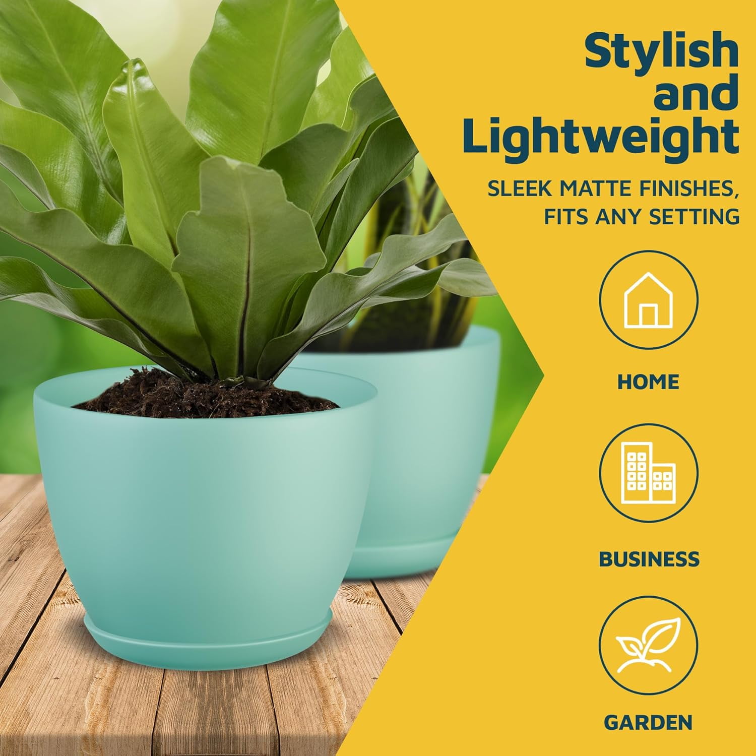Aqua Plant Pots with Drainage Holes & Saucers 15 Packs, Indoor & Outdoor Stackable Plastic Planters in Multiple Sizes for Houseplants & Flowers, Durable & Weatherproof Materials, Matte Finish