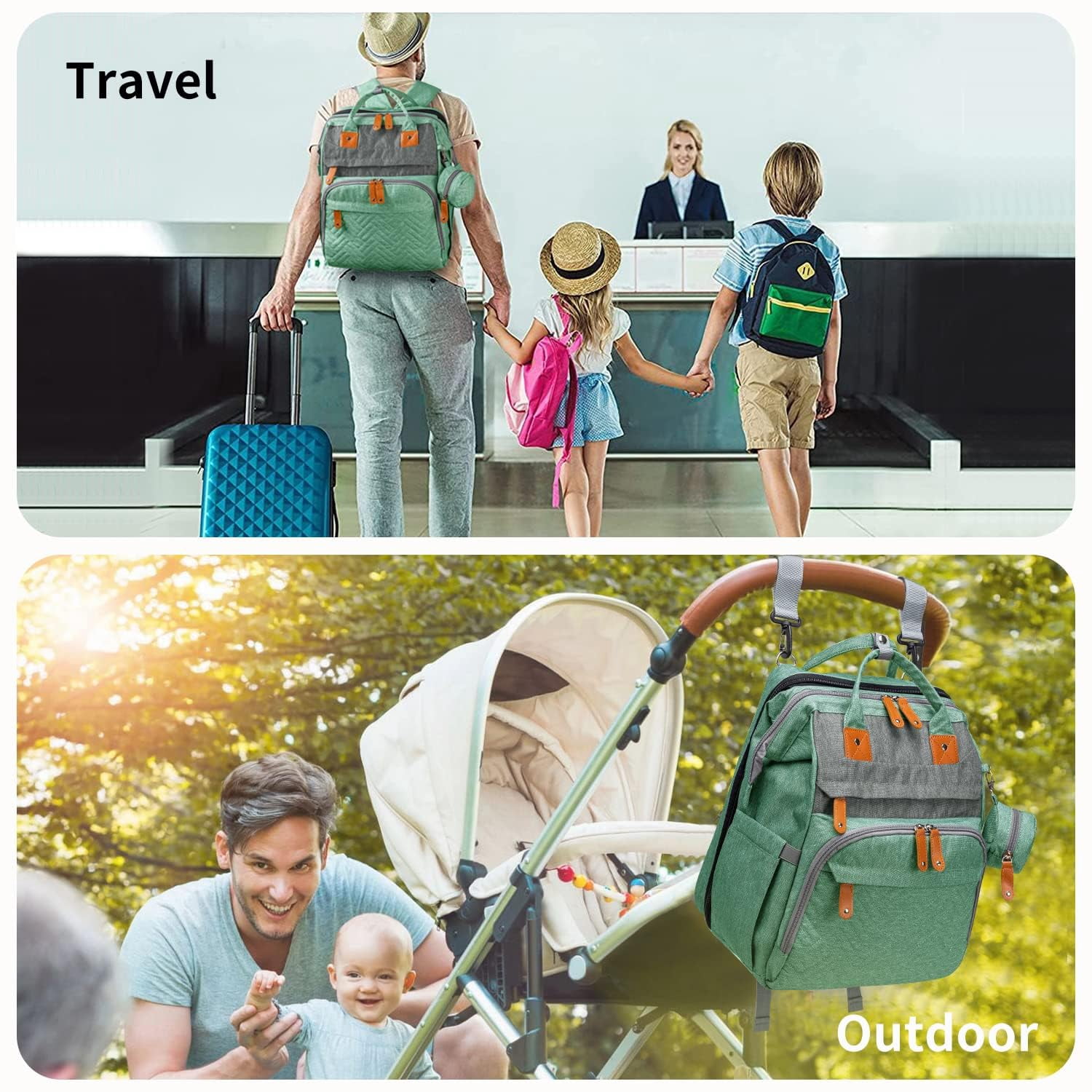 Diaper Bag Backpack, Large Baby Diaper Bags for Boys Girls, Baby Bag with USB Charging Port, Multifunction Waterproof Travel Back Pack for Moms Dads, Green Grey