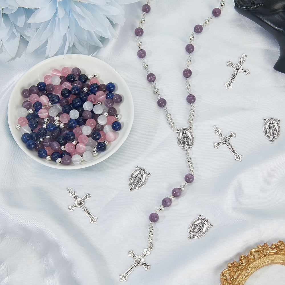 448Pcs Rosary Making Kits Rosary Charms Charm Easter Crucifix Crosses Pendants Chandelier Component Links 8Mm Cat Eye Beads