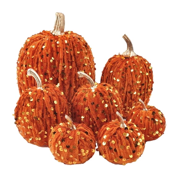 Halloween 7Pcs Assorted Artificial Sparkly Furry Harvest Pumpkin Decorations, Sequin Plush Figurine Set for Home Tabletop, Glittery Artificial Pumpkins for Mantel Shelf Entryway Fall Thanksgiving