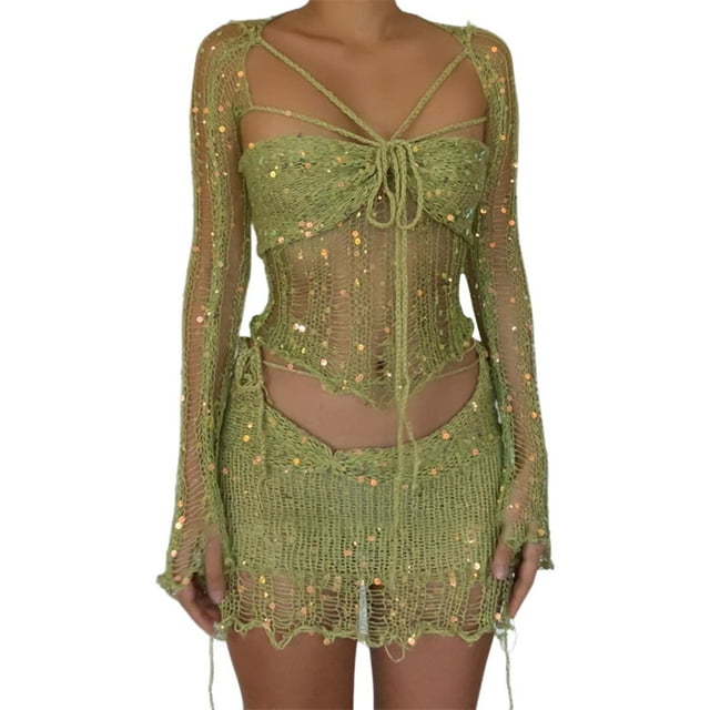 GDREDA Robe Tube Aguichant à Sequins Creux pour Femmes, Ensemble Robe et Jupes d'Hiver