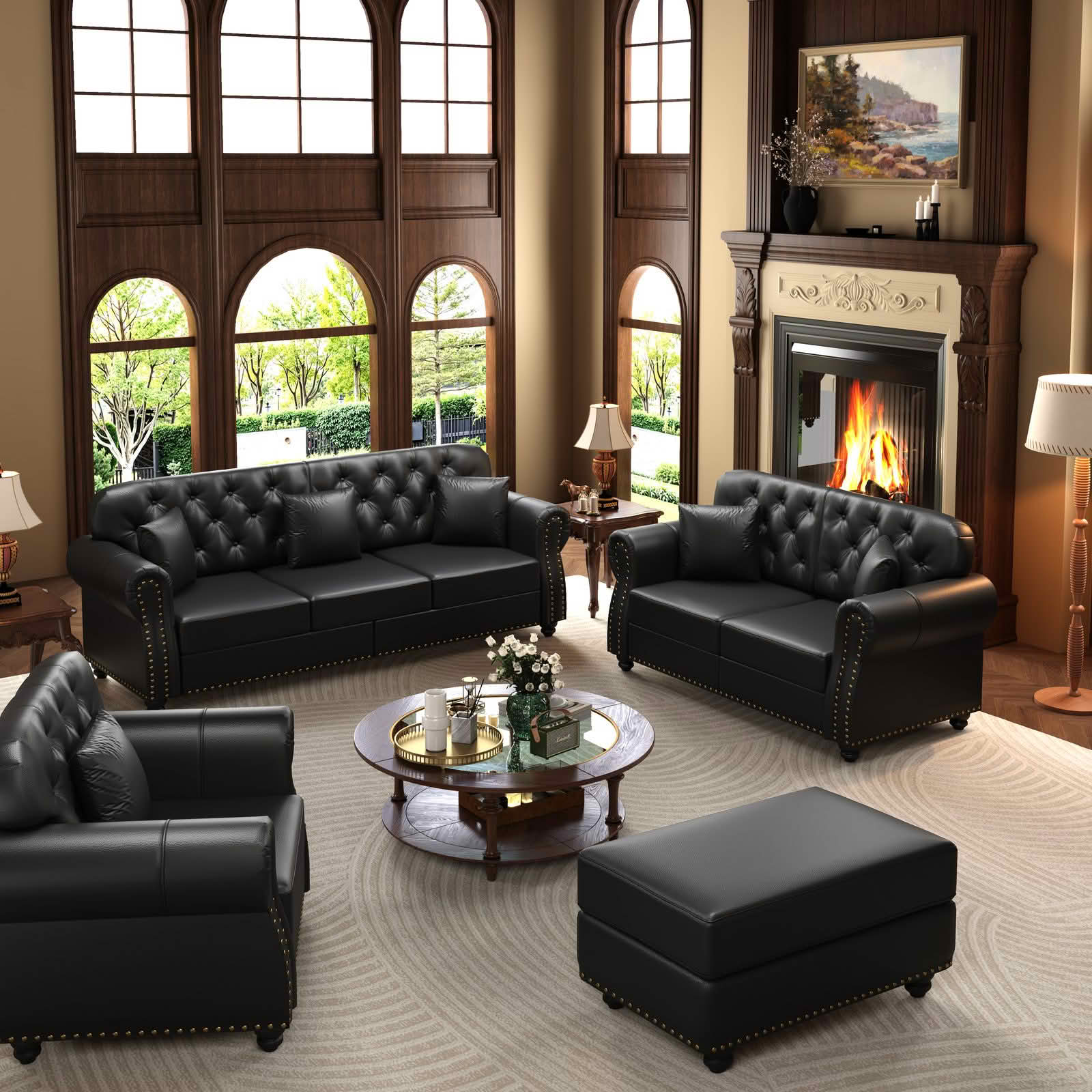 MAYEERTY Mid‑Century Modern Chesterfield Sofa Set, Faux Leather Upholstered 1+2+3 Seater Combination Couch with Button Tufted, Nailhead Trim & Rolled Armrests, Includes 6 Pillows