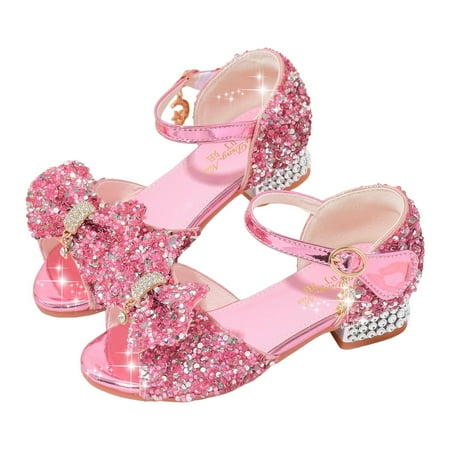 eczipvz Toddler Girl White Dress Shoes Open Front Bow Sequins Sandals for Girls Kids Princess Wedding Formal Ankle High Heel Shoes Pink 1.5