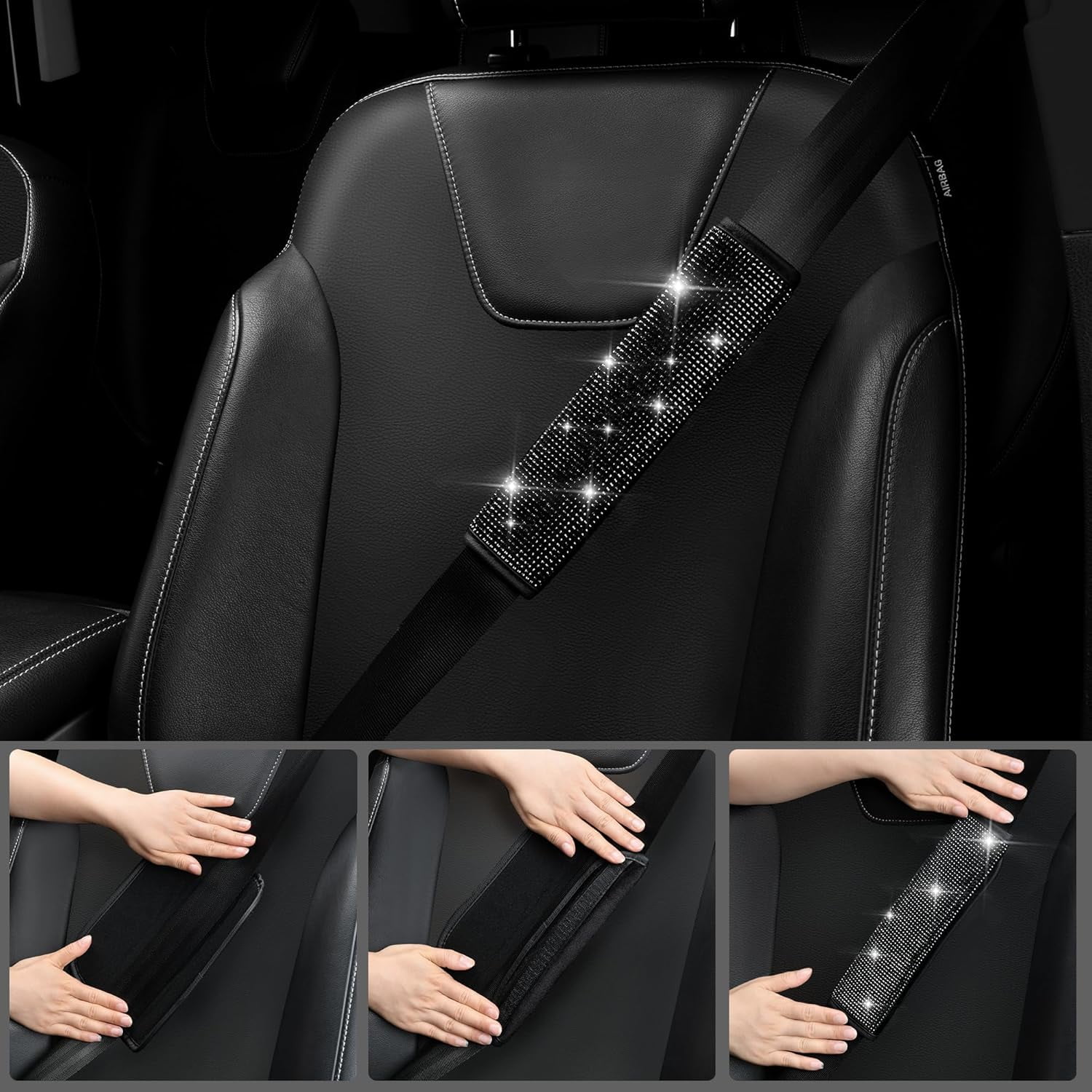 CAR PASS 11 PCS Bling Diamond Car Accessories for Women, Sparkly Rhinestone Steering Wheel Cover, Bling Seat Belt Cushion, Glitter Shift Knob Cover, Car Cup Holder Coaster, Cute Interior Sets Black