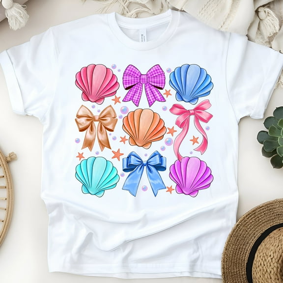 Girls' Graphic Tee, Colorful Seashell and Bow Design, Summer Beach Shirt, White, Size S