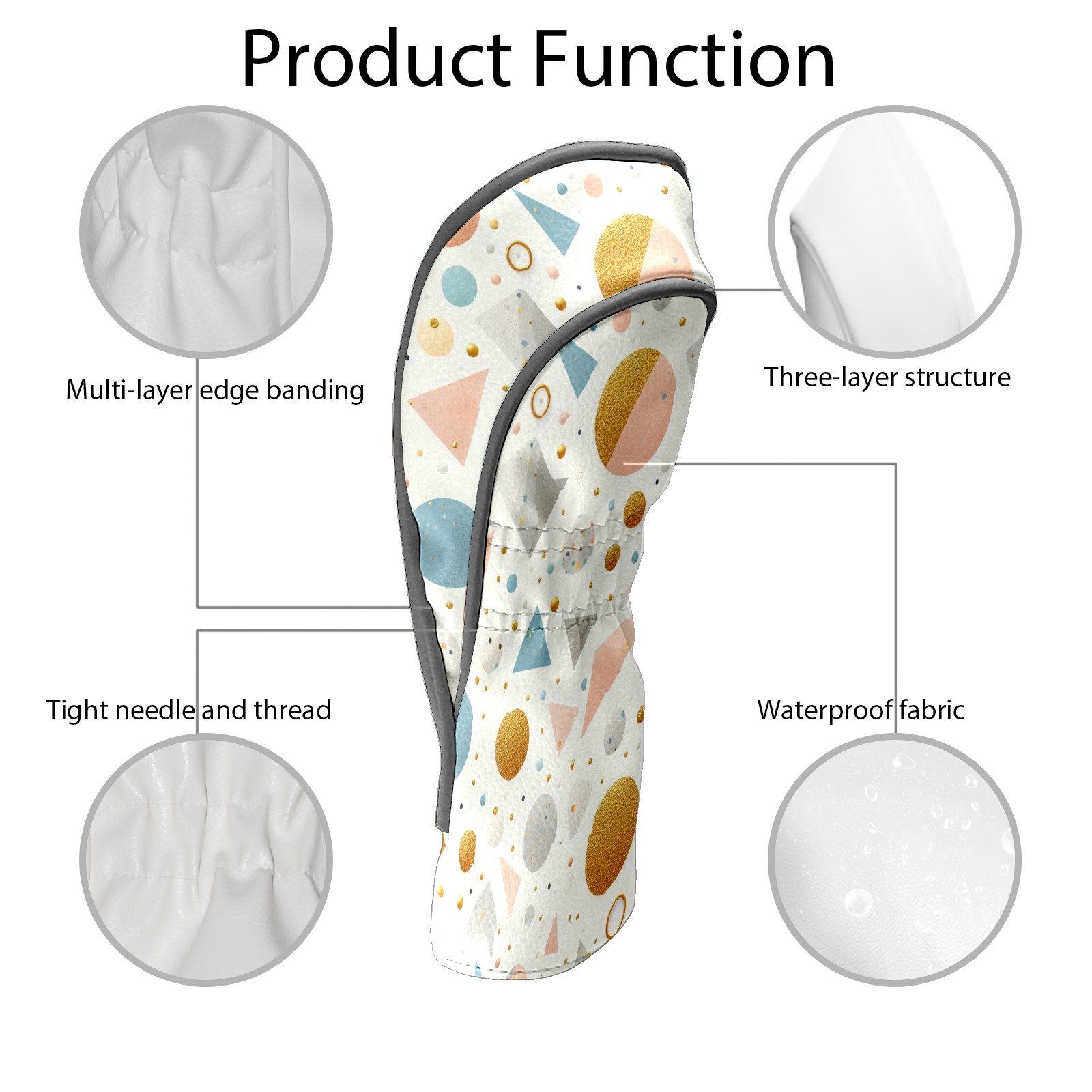 Golf Club Covers, White Gold Geometry Premium PU Leather Driver Hybrid Putter Head Covers with Velvet Lining, Waterproof Golf Gifts for Men Women