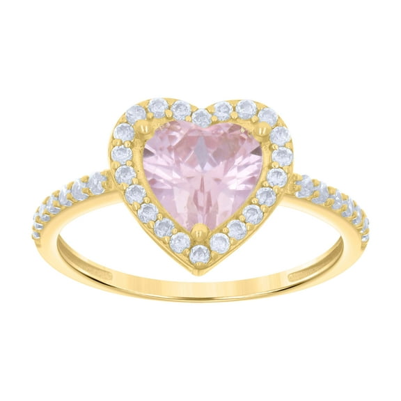 10k Yellow Gold Womens Pink White Heart Round Cubic-Zirconia Heart Engagement Ring