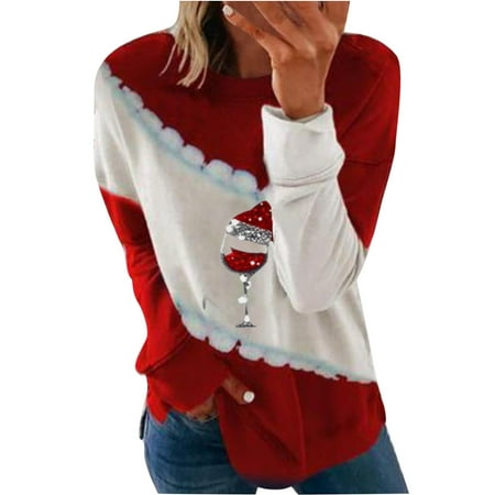 

Women Sweatshirt Red Wine Cup Print Sweatshirts Pullover Color Block Crewneck Blouse Shirt Top
