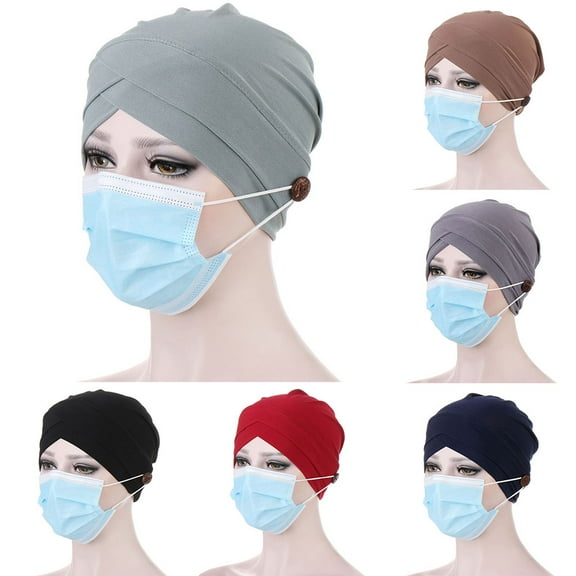 Dengjunhu Stretch Turbans Head Beanie Cover with Button Twisted Pleated Headwrap Assorted Colors Hair Cover Beanie Hats for Women Girls