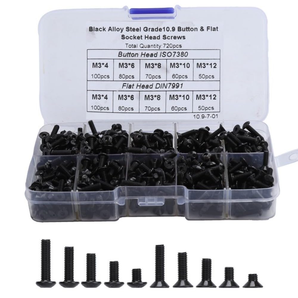 720pcs M3 Hex Screw Assorted Kit 4mm 6mm 8mm 10mm 12mm High-strength Button Head Flat Head Screw Combination Set