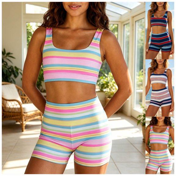 Women's Y2K Colorblock Striped 2 Piece Set Ultra Crop Top High Waisted Bodycon Shorts Going Out Summer Outfits (Pink,M)