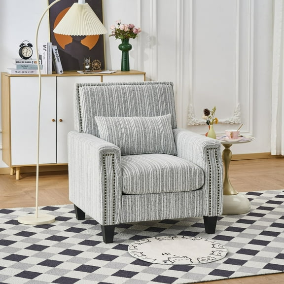 Modern Striped Accent Chair, Upholstered Armchair Reading Chair with Nailhead Trim, High Back Sofa Chairs with Wood Legs for Living Room, Grey