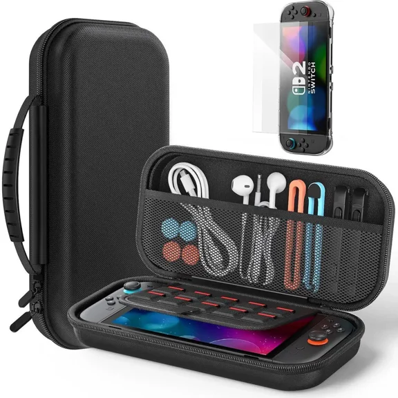 Switch Case for Nintendo Switch 2 (2025) with 2pcs Screen Protectors, Hard Shell Carry Case with Soft Lining, 10 Card Slots, Durable Ballistic Nylon, Soft Silicone Handle for Nintendo Switch2