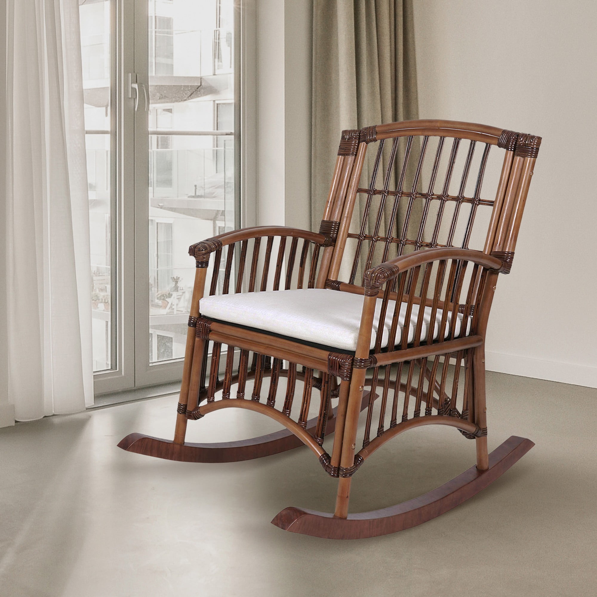 Swayze Bohemian Farmhouse Woven Rattan/Wood Rocking Chair, White Cushion with Brown Frame