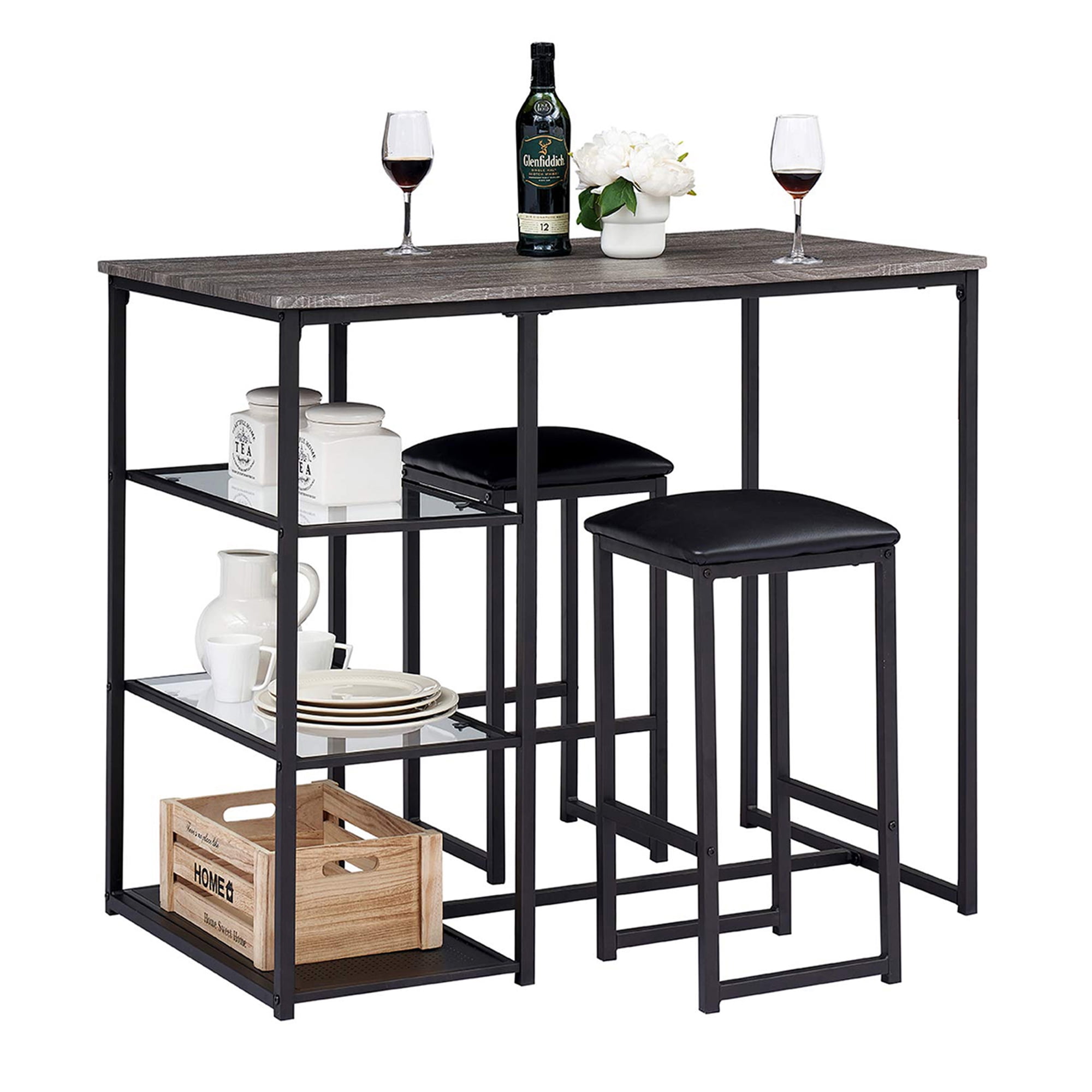 VECELO 3-Piece Dining Table Set with PU Chairs, Space Saving and ...