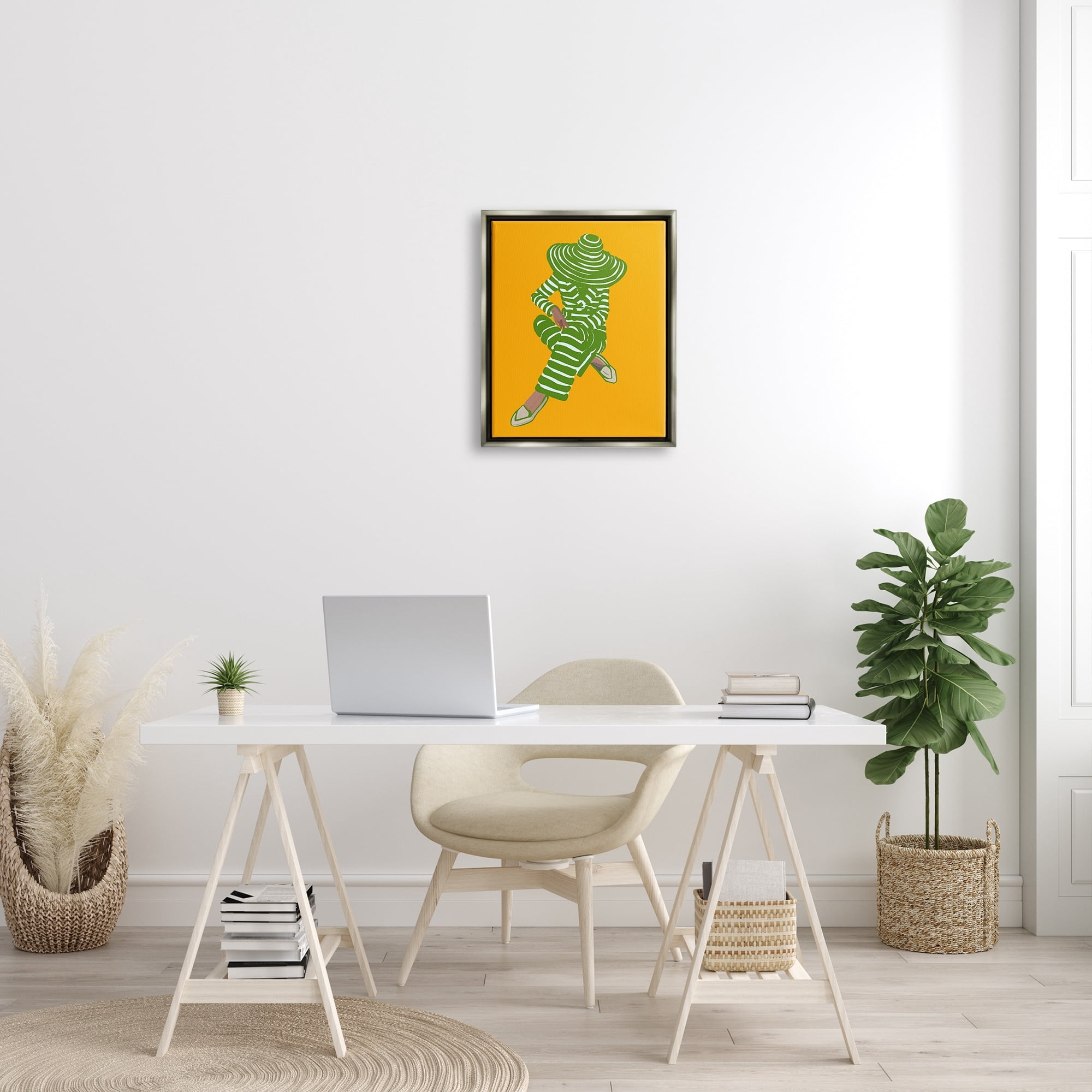 Stupell Industries Patterned Stripes Fashion Outfit Modern Woman Sitting Graphic Art Luster Gray Floating Framed Canvas Print Wall Art, Design by Amelia Noyes