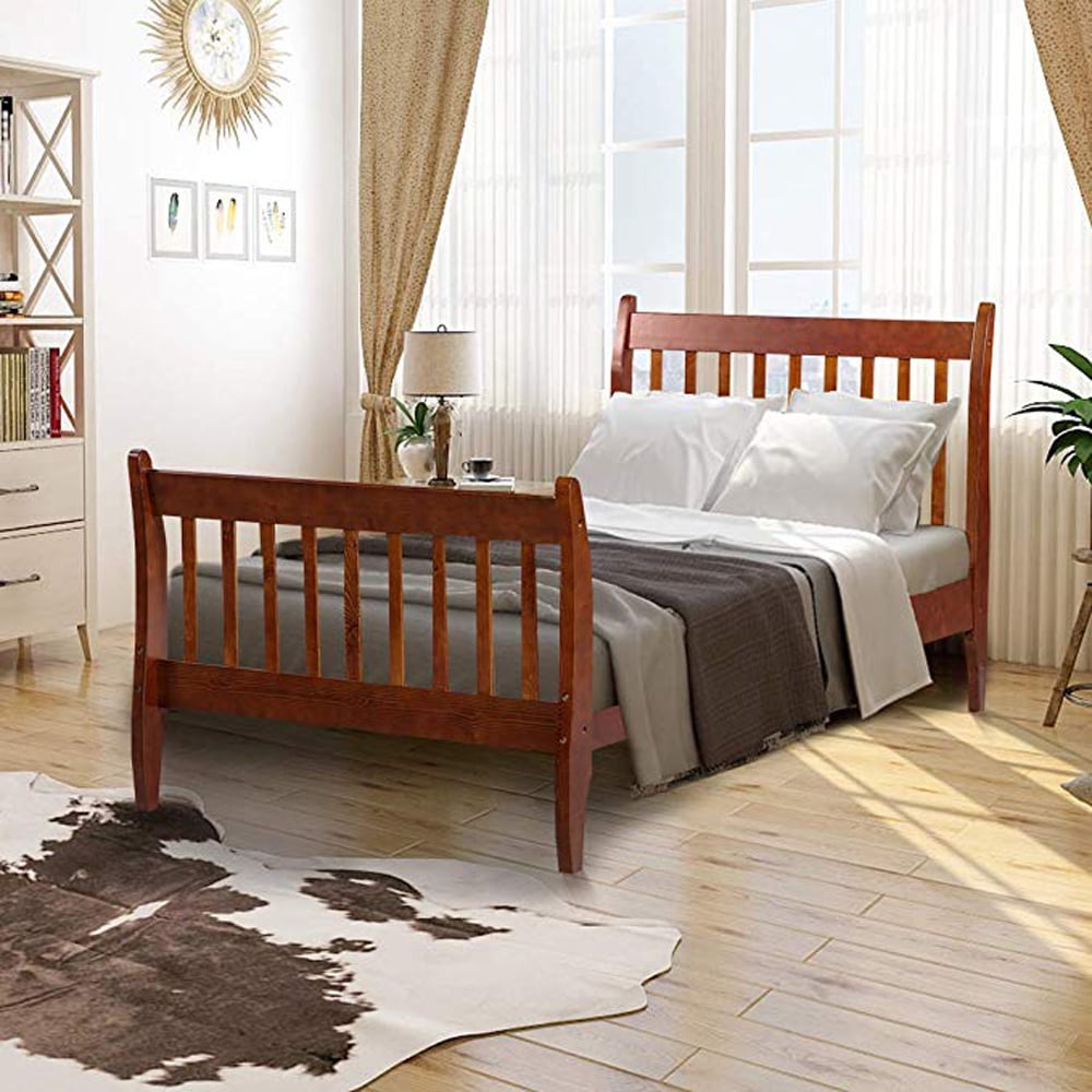 Clearance Twin Bed Frame Platform Mattress Foundation with Headboard Solid Wood Slat Support-Walnut