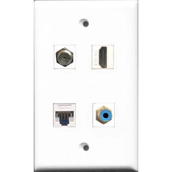 RiteAV 1 Port HDMI and 1 Port RCA Blue and 1 Port Coax Cable TV- F-Type and 1 Port Cat5e Ethernet White Wall Plate