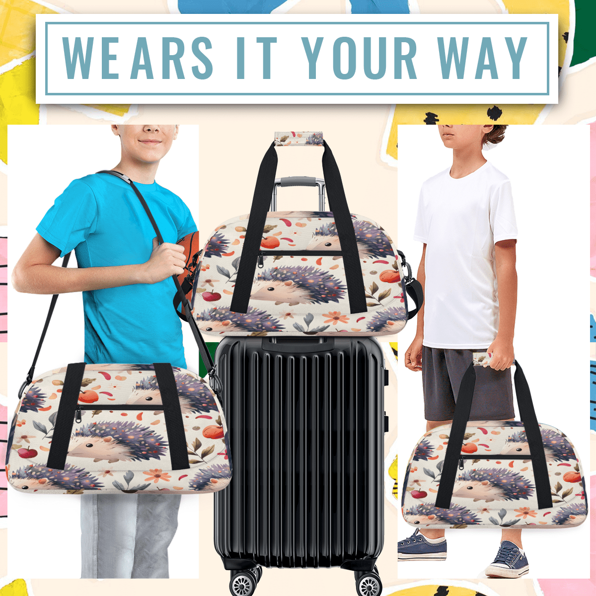 Herdesigns Cute Hedgehog Sports Duffle Bag for Women & Men, Animal Pattern Gym Bag Dance Bag Overnight Bag Carry On Weekender Travel Bag