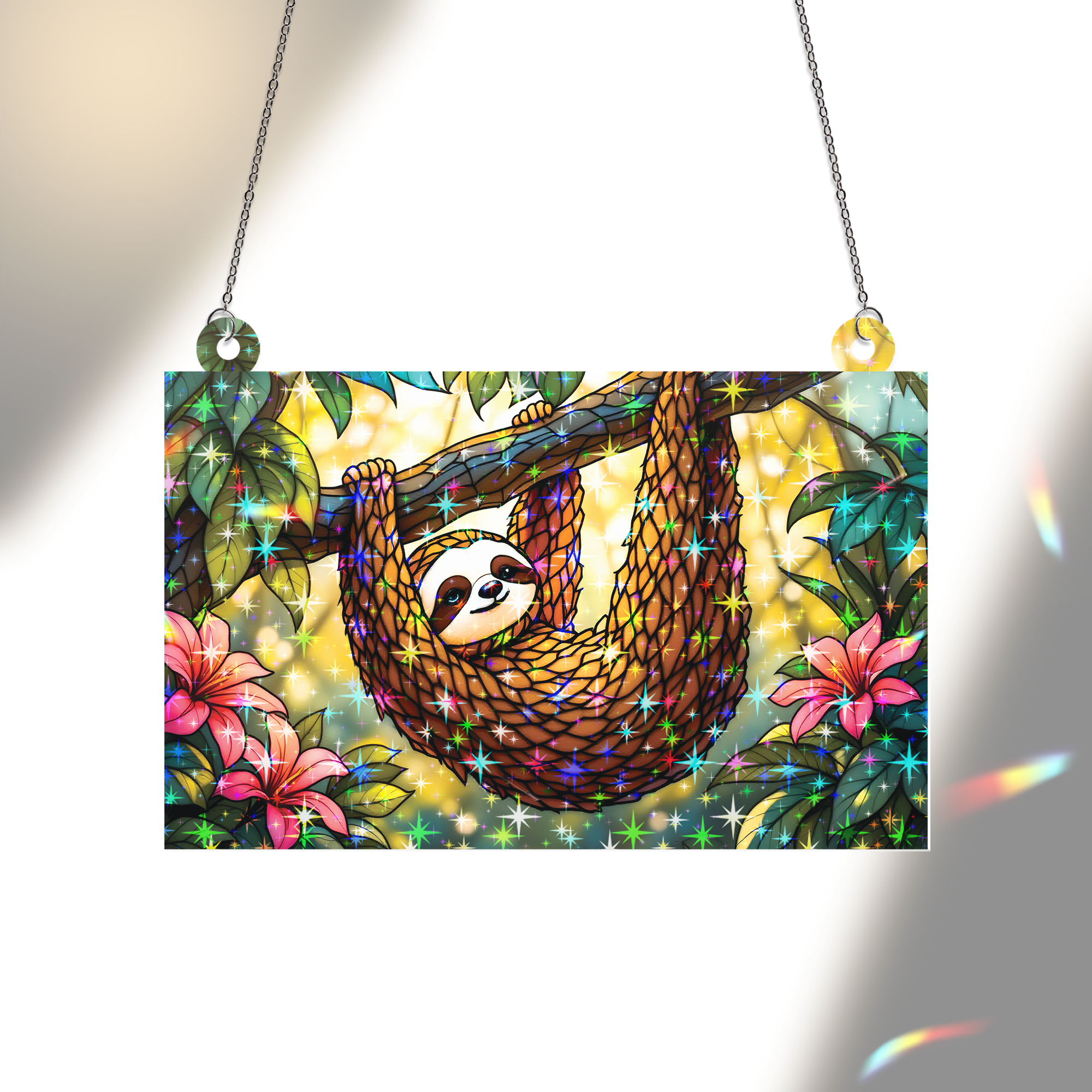 89Bloom Sloth Stained Glass Hologram Ornament, Stained Glass Suncatcher Ornaments Home Decor, Holographic Ornaments