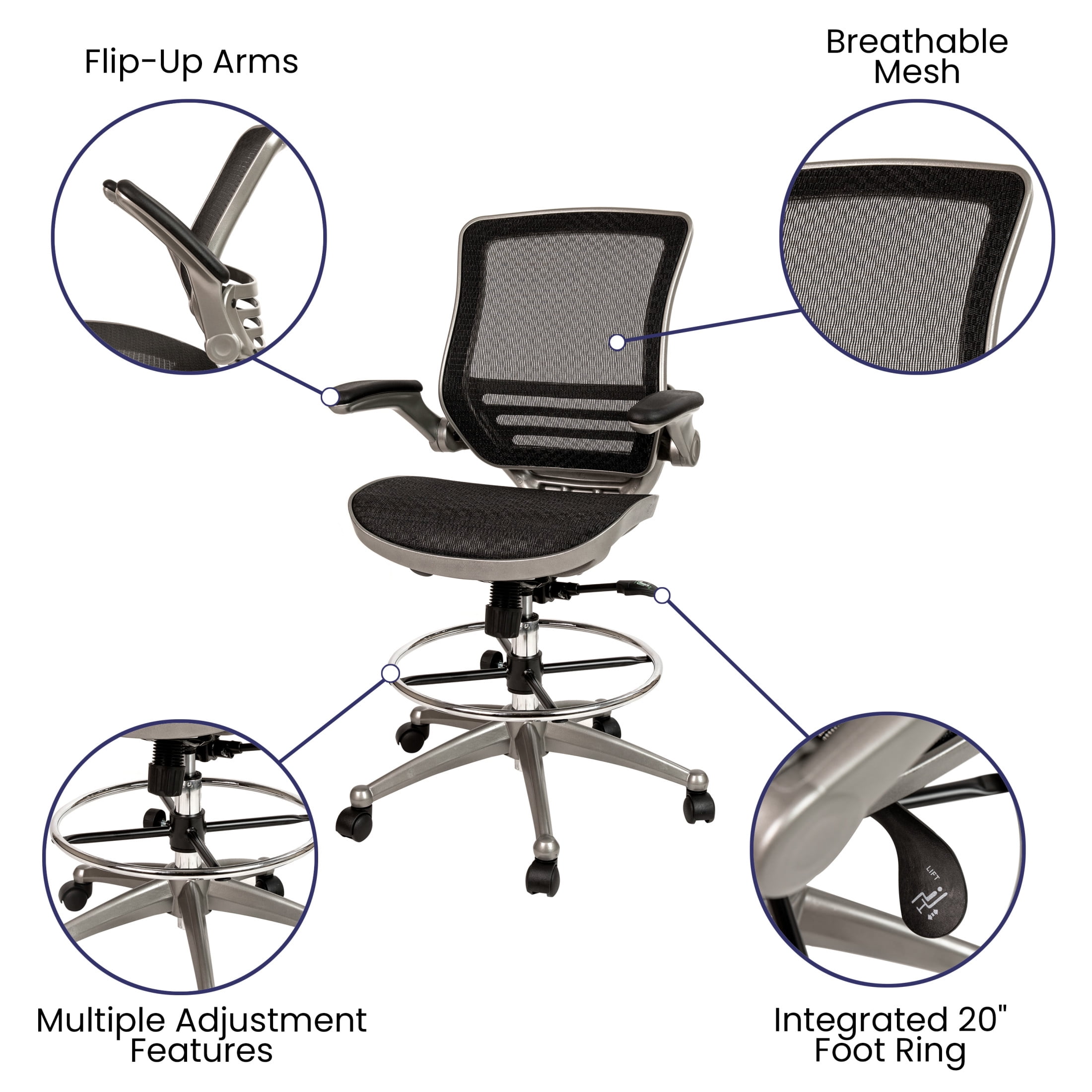 Flash Furniture Waylon Mid-Back Transparent Black Mesh Drafting Chair with Graphite Silver Frame and Flip-Up Arms