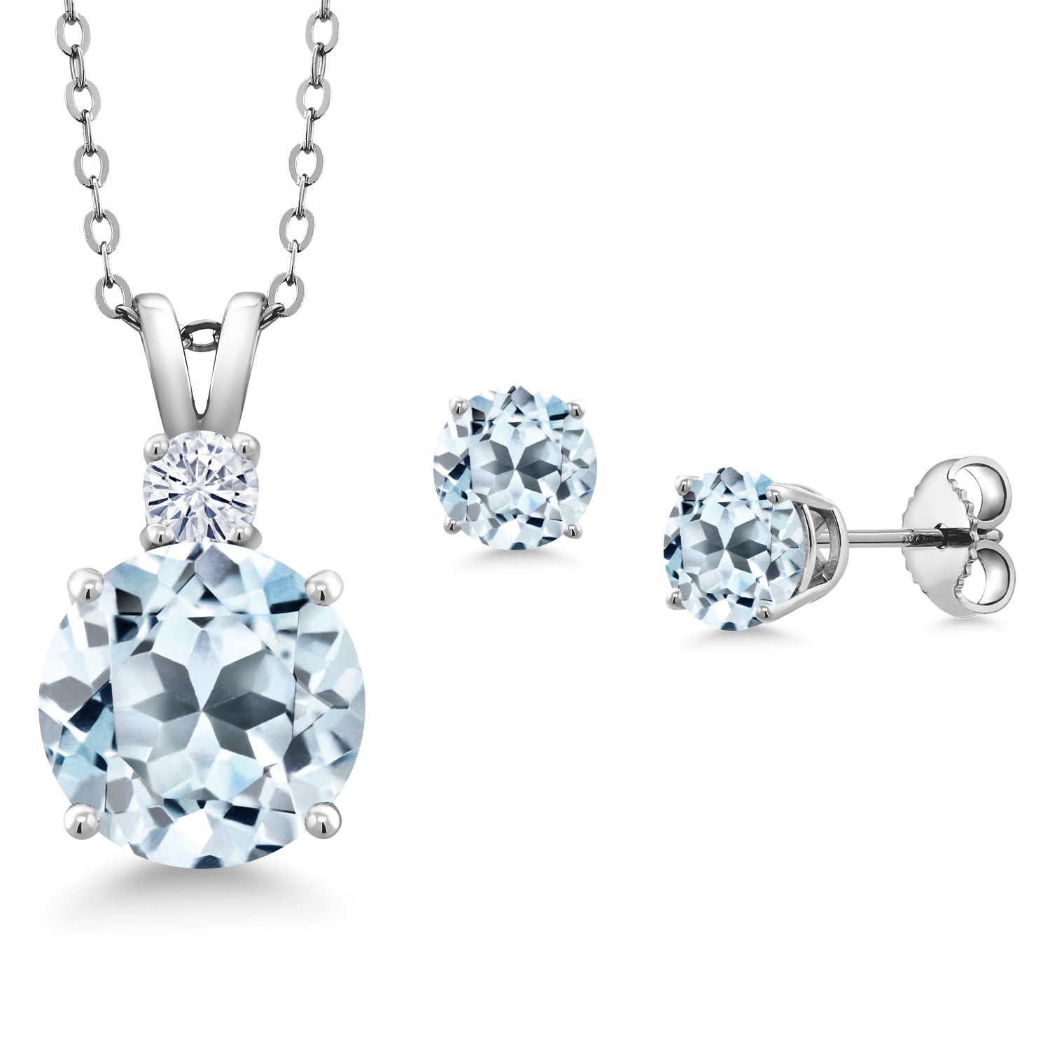 Gem Stone King 925 Sterling Silver Round Sky Blue Topaz and White Moissanite Pendant and Earrings Jewelry Set for Women (6.33 Cttw, Gemstone Birthstone, with 18 inch Chain)
