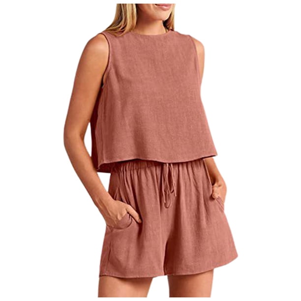 Conjunto de dos piezas de pantalones cortos holgados de cintura alta sin mangas en color liso para mujer, ideal para la primavera y el verano: elegante, transpirable y fácil de combinar.