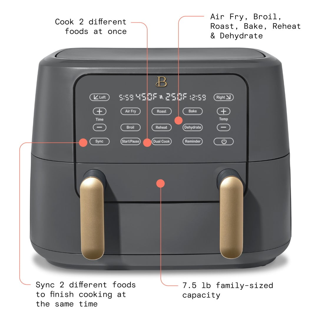 Beautiful 9 QT TriZone Air Fryer, Oyster Grey by Drew Barrymore