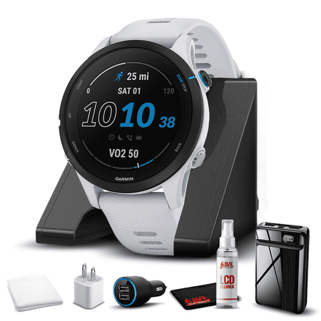 Garmin Forerunner 255 Music, GPS Running Smartwatch with Music, Advanced Insights, Long-Lasting Battery, Whitestone with Charging Base, Workout Towel, 6Ave Travel & Cleaning Kit
