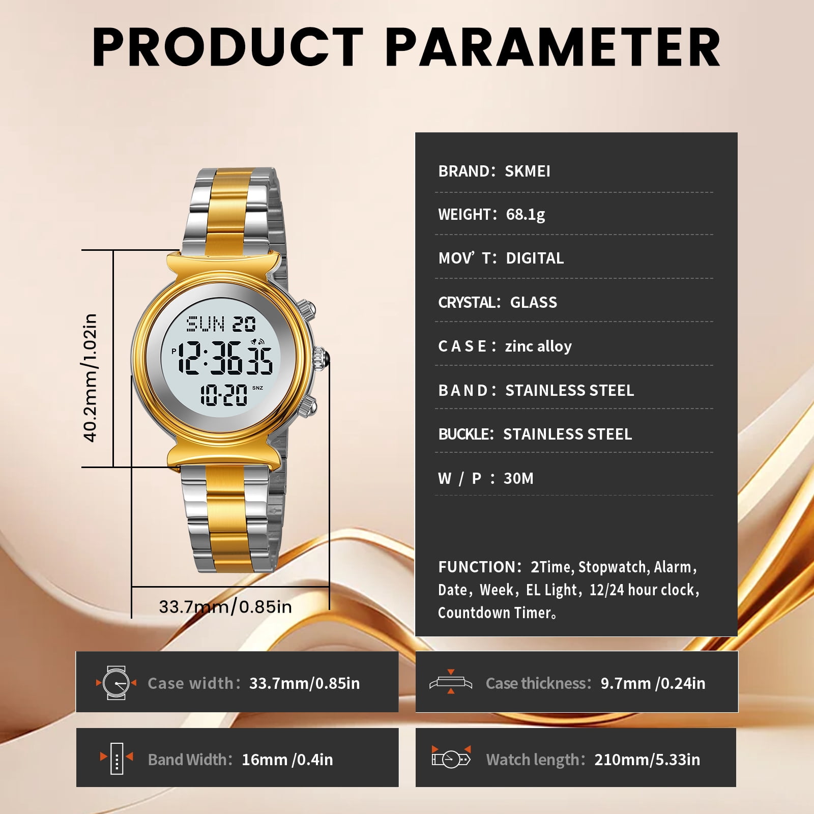 SKMEI Women Digital Watch Waterproof Dual Time Date LED Watch Ladies Business Wristwatch Stainless Steel Watch for Women