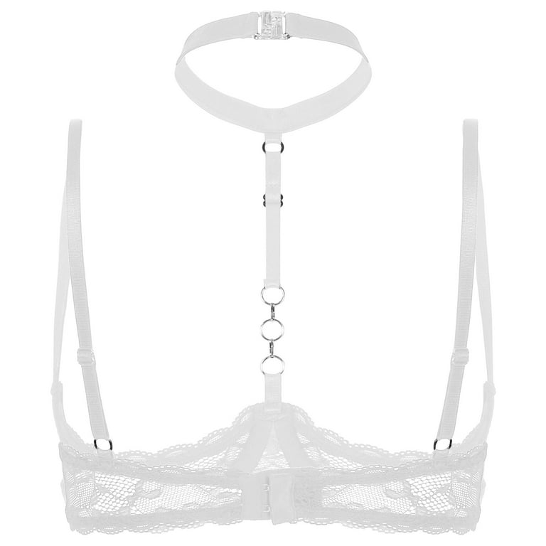 YONGHS Womens Sheer Lace Lingerie 1/4 Cups Bare Exposed Breast Underwire  Halter Neck Push Up Bra Top White 3XL