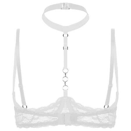 

inhzoy Women See Through Lace 1/4 Cups Balconette Bustier Push Up Bra Top White 5XL