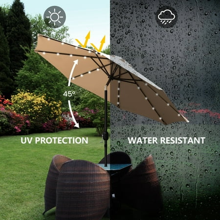 Sun Ray - 9' Round Solar Lighted Umbrella - Taupe