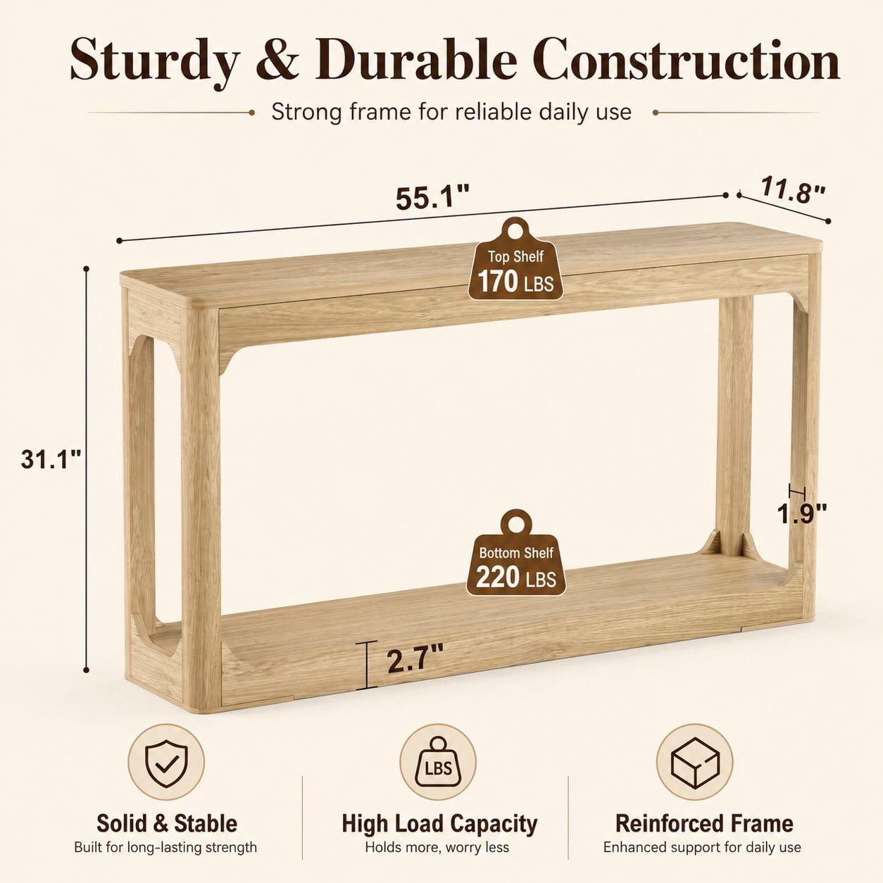 Aukfa 55.1" Wood Console Table, Narrow Sofa Table with 2-Tier Open Shelf for Entryway Hallway Living Room,Natural