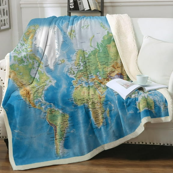 Map Fleece Blanket Blue Throw Blanket Soft Kids Throw Blanket Thick Plush Blanket Vivid 3D Print Map of The World Sherpa Blankets for Teens Kids Boys Girls 50x60 Inches