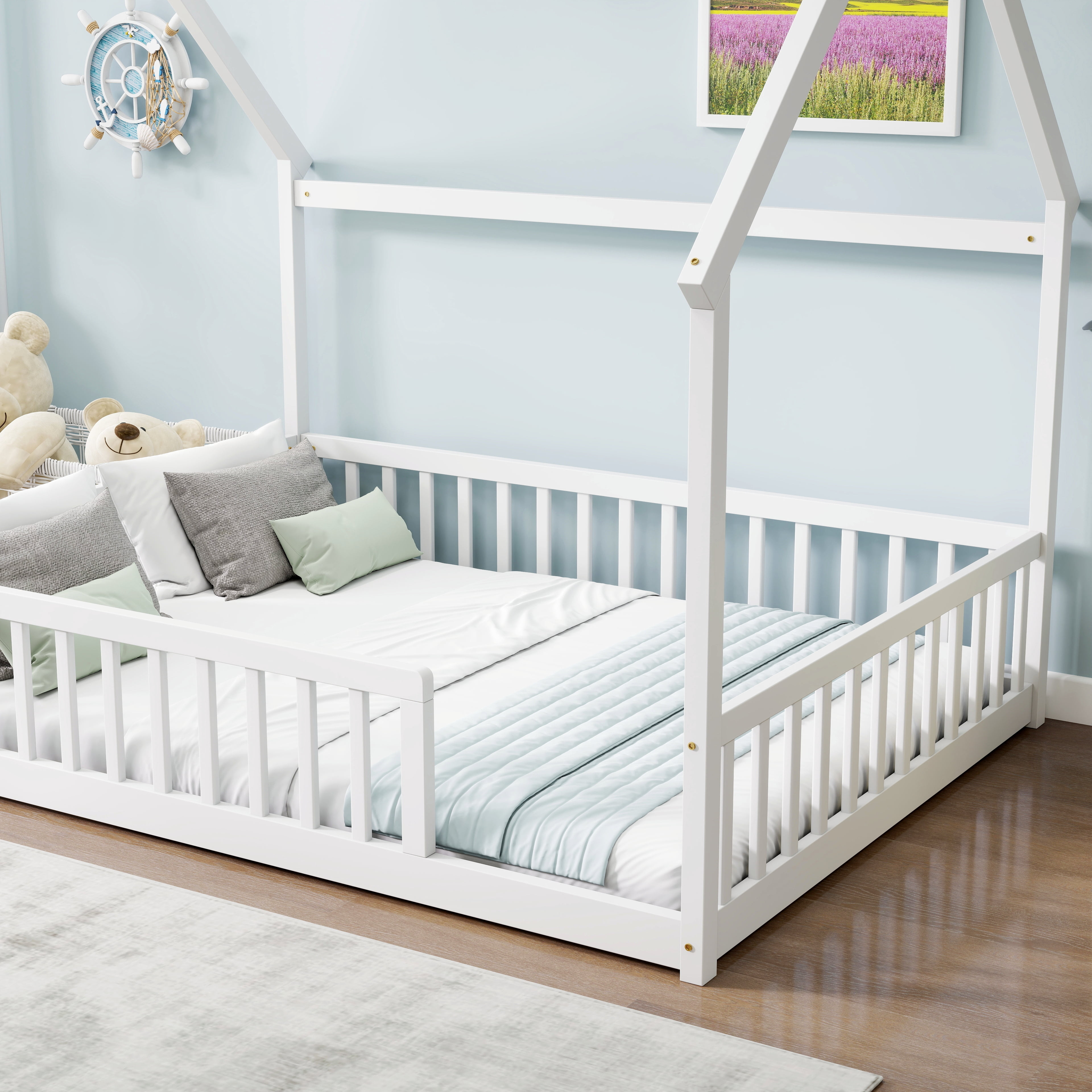 Full Size House Floor Bed with Roof Frame, Pine Wood Floor Bed with Safety Guardrails, White