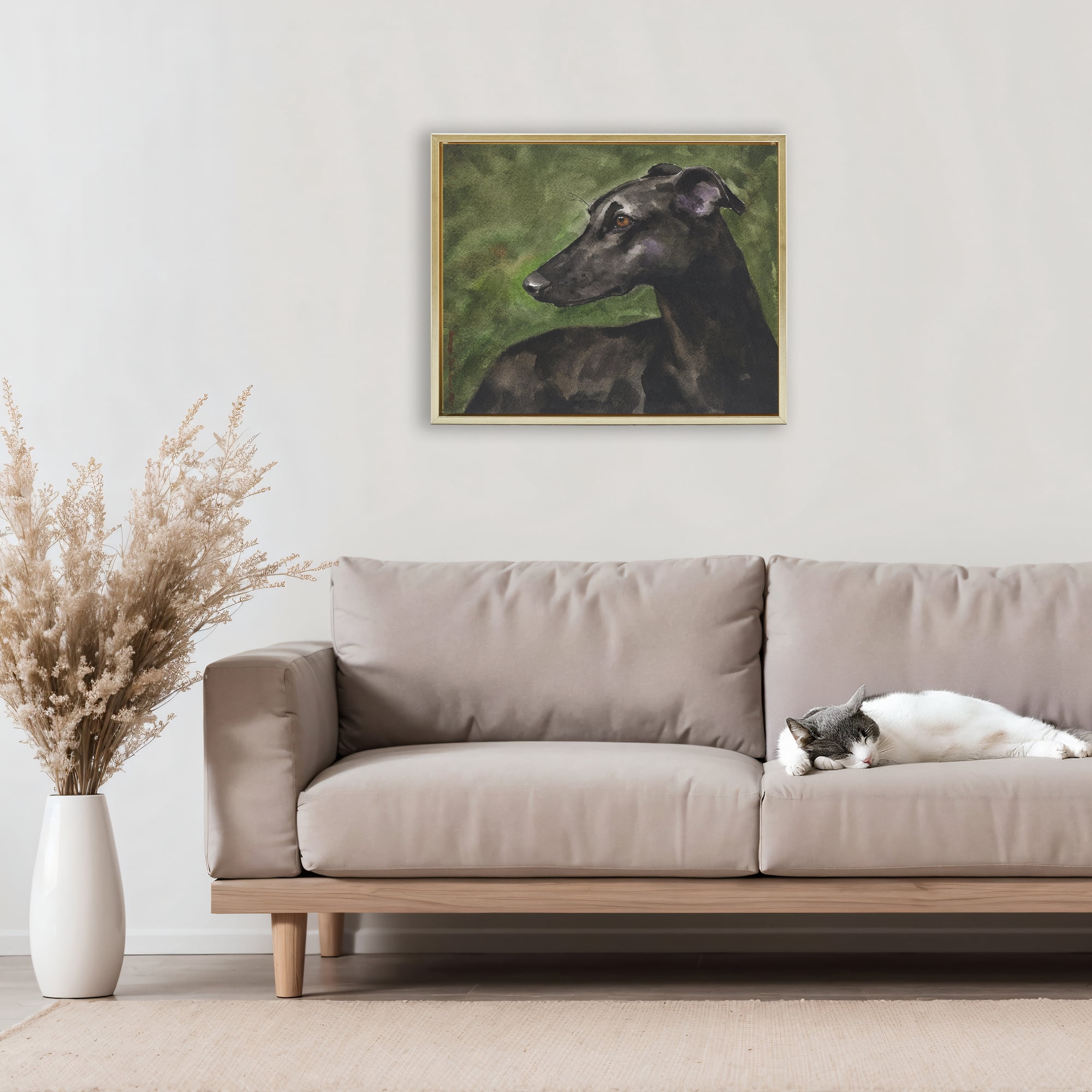 Stupell Industries Black Greyhound Portrait Gold Framed Floater Canvas Wall Art, design by George Dyachenko