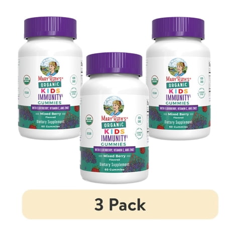 (3 pack) MaryRuth's Kids Immunity Gummies, USDA Organic, Dietary Supplement, Elderberry Zinc, Immune Support, Mixed Berry Flavor, Vegan, Gluten-Free, 60 Count