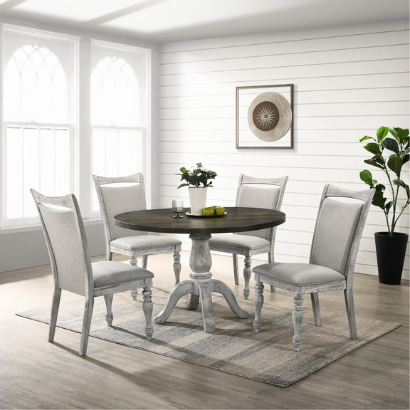 5 Dining Furniture, Round Table And 4 Upholstered Chairs, Weathered White Gray Tone Collection, Pedestal & Gray, Style