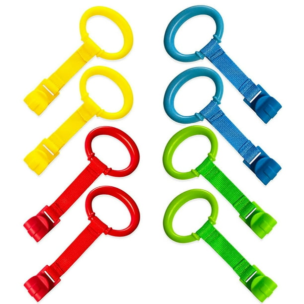 Anillos de agarre para cuna - Paquete de 4 herramientas ergonómicas con correas de nailon para bebés de 8 a 10 meses que aprenden a caminar | Entrenamiento de coordinación ojo-mano | Fácil