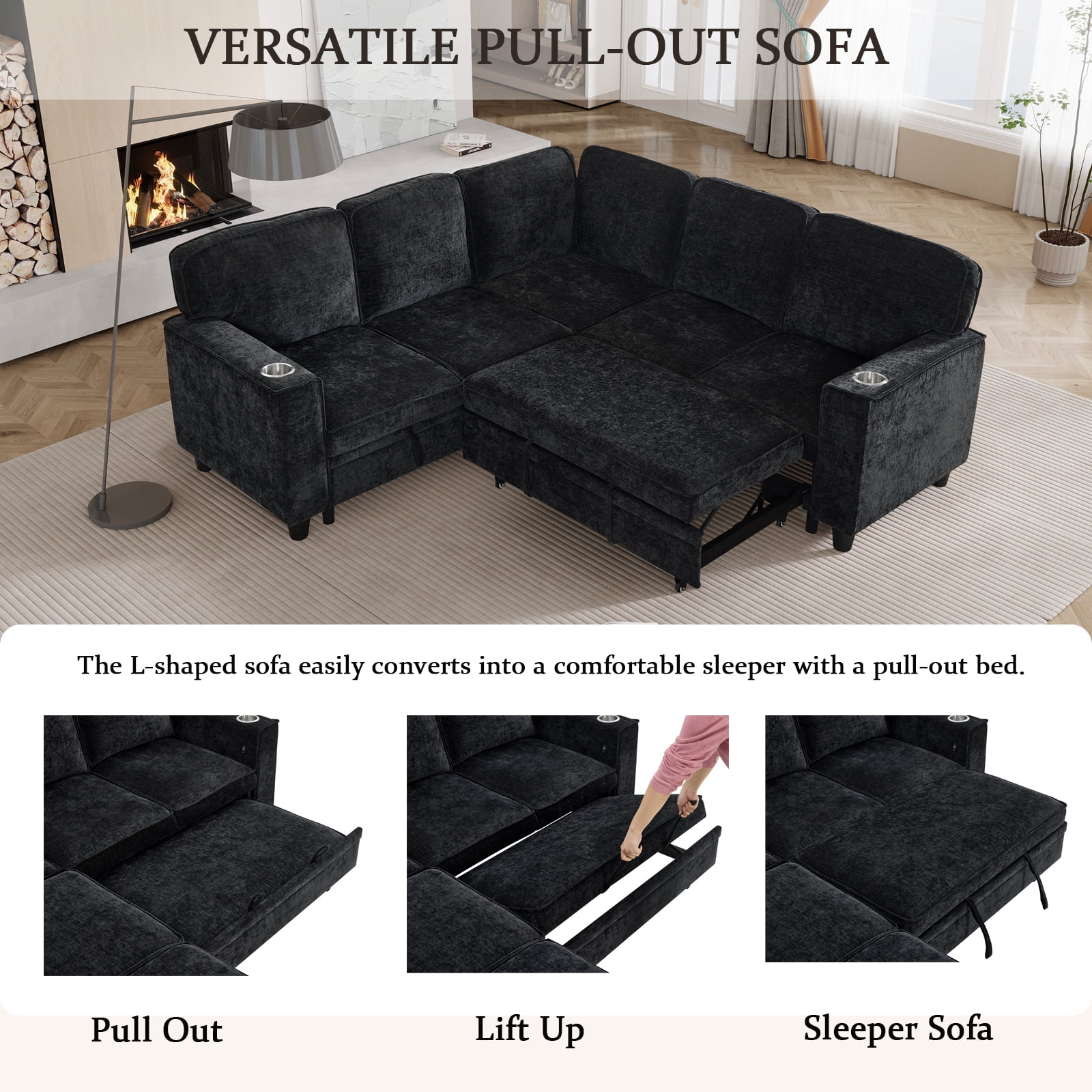 Aukfa Sectional Sleeper Sofa Bed w/Storage Seat, L Shaped Modular Sectional Sofa with USB Ports and Cup Holders for Living Room, Black