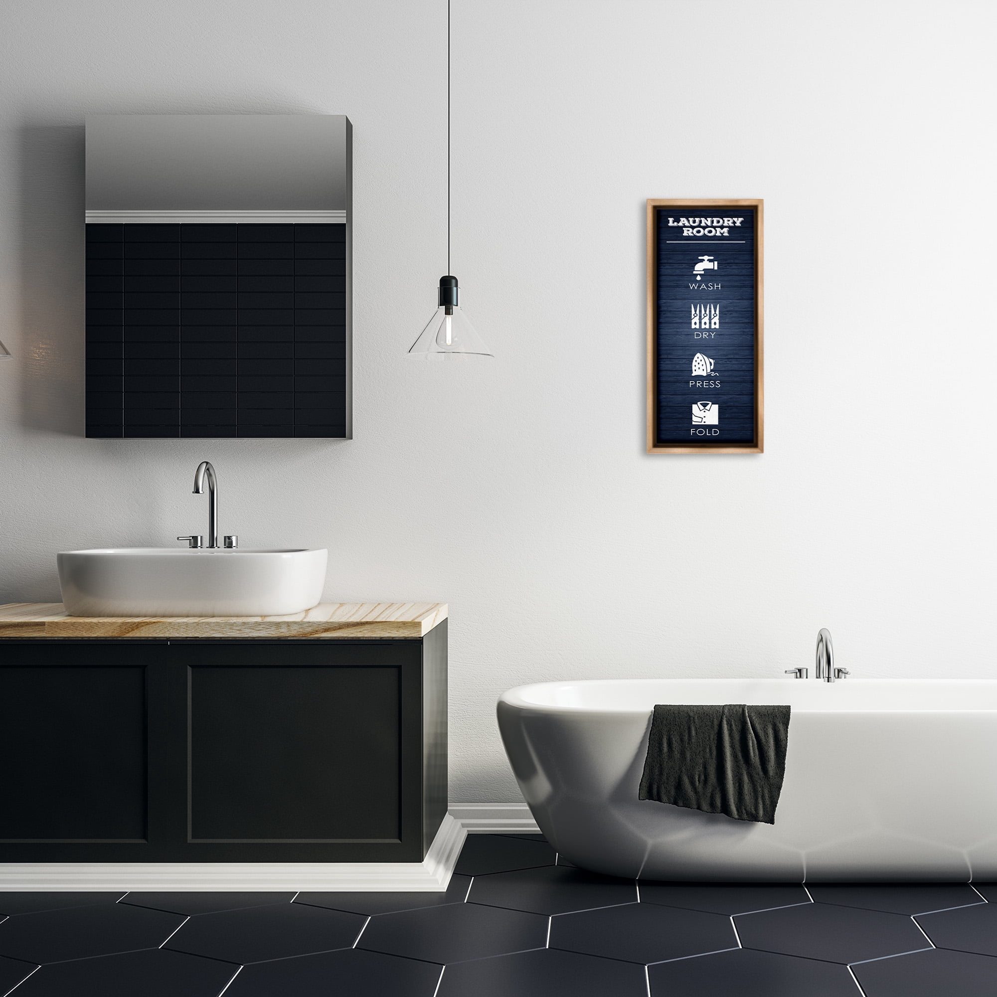 Stupell Industries Laundry Room Icons Rustic Blue Typography Painting Brown Floater Framed Canvas Art Print Wall Art, 11 x 25