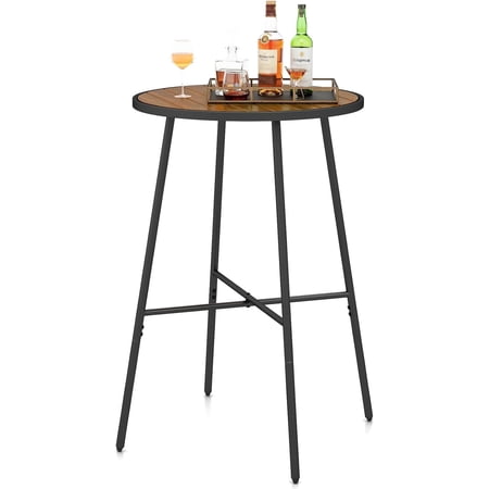 41-inches Patio Bar Table, Acacia Wood Pub Table with Heavy-Duty Metal Frame, X-Shaped Support Bars, Adjustable Foot Pads, Round Cocktail Tables for Outdoor, Bistro, Balcony, Gathering