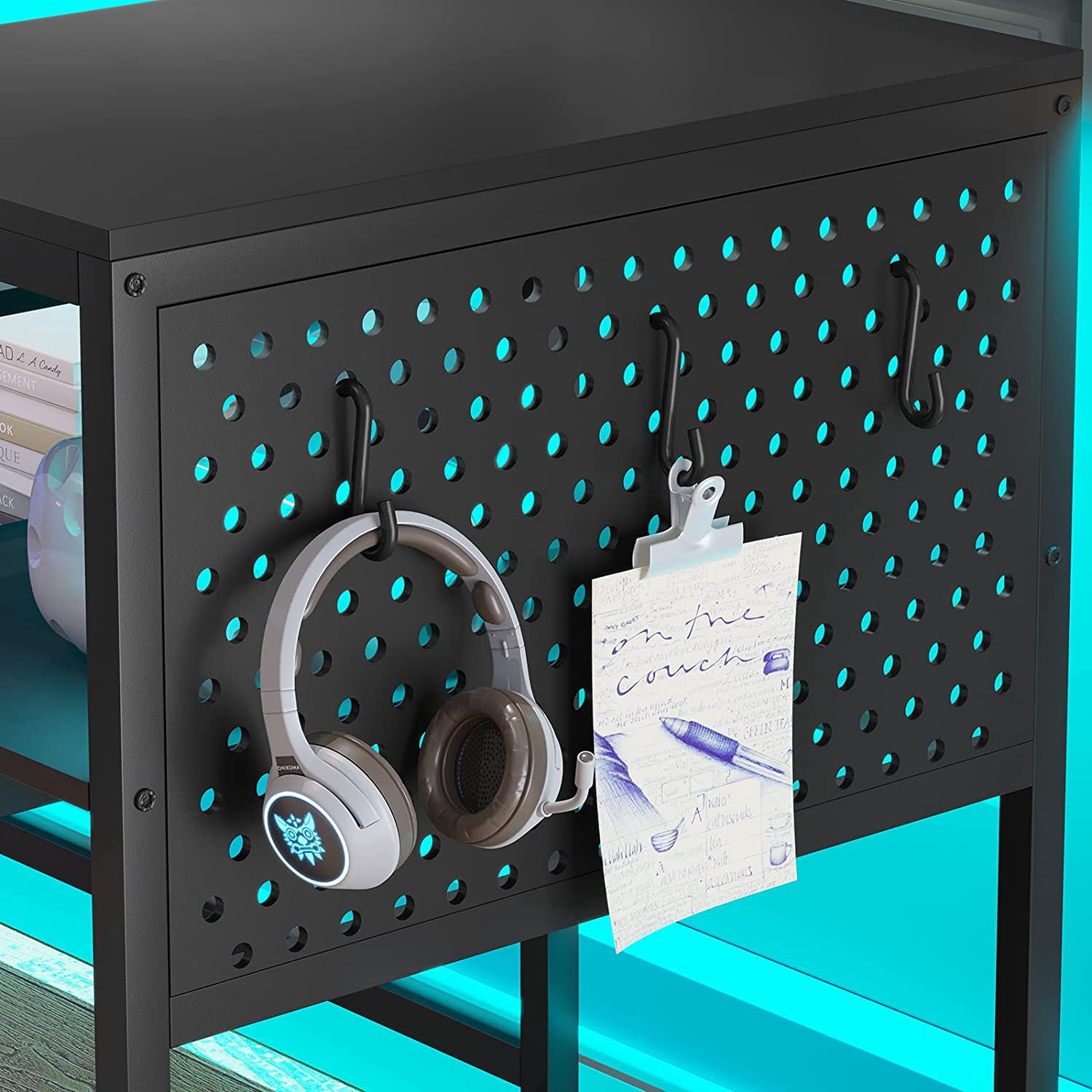 L-Shaped Computer Desk with LED Lights&Power Outlets Reversible Gaming Desk with Storage Shelves&Pegboard&Keyboard Tray for Office/Home, Black