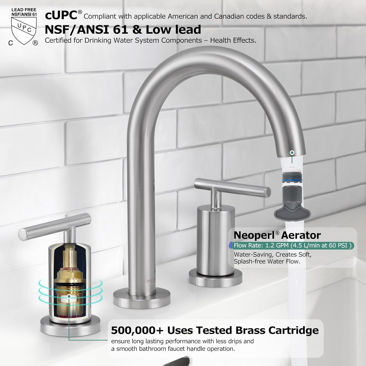 PARLOS 2-Handle Widespread 8 inch Bathroom Sink Faucet 3 Hole with cUPC Faucet Supply Lines, Brushed Nickel