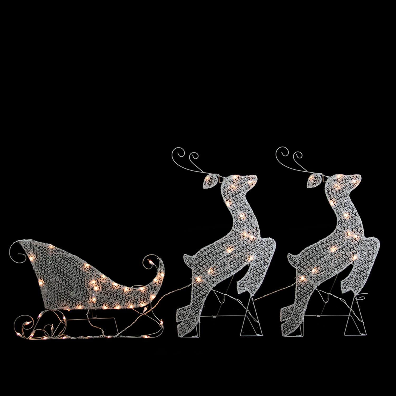 3Piece White Glittered Reindeer and Sleigh Lighted Christmas Yard Art
