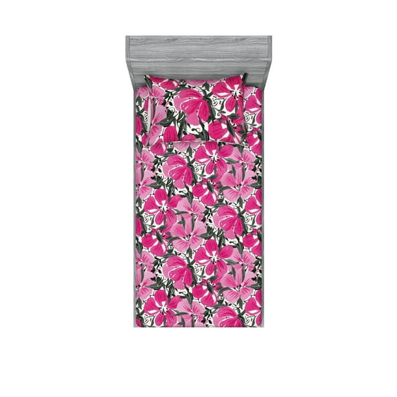 Floral Design Fitted Sheet & Pillow Sham Set, Springtime Themed Hibiscus Flowers Boho with Watercolor Style Print, Decorative Printed 2 Piece Bedding Decor, Twin, Pastel Pink Hot Pink, by Ambesonne